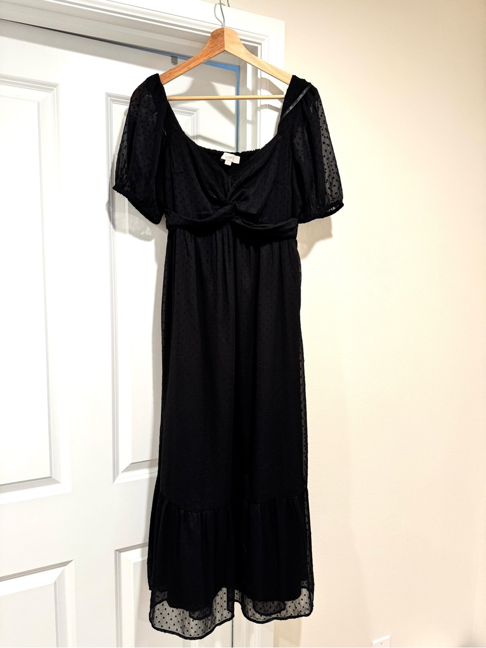 Loft Black Front Twist Puff-Sleeve Midi Dress - Elegant Women's Dress